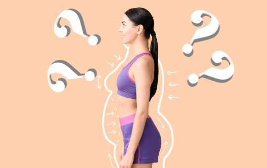 weight loss figure with question marks and a thinner woman